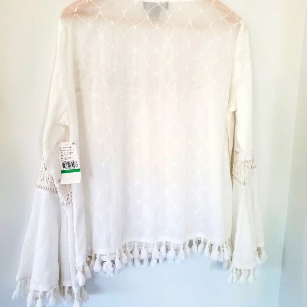 NWT KAREN KANE L White Embroidered Tassel Top Cotton Bell Sleeve Boho Coastal - Picture 11 of 14